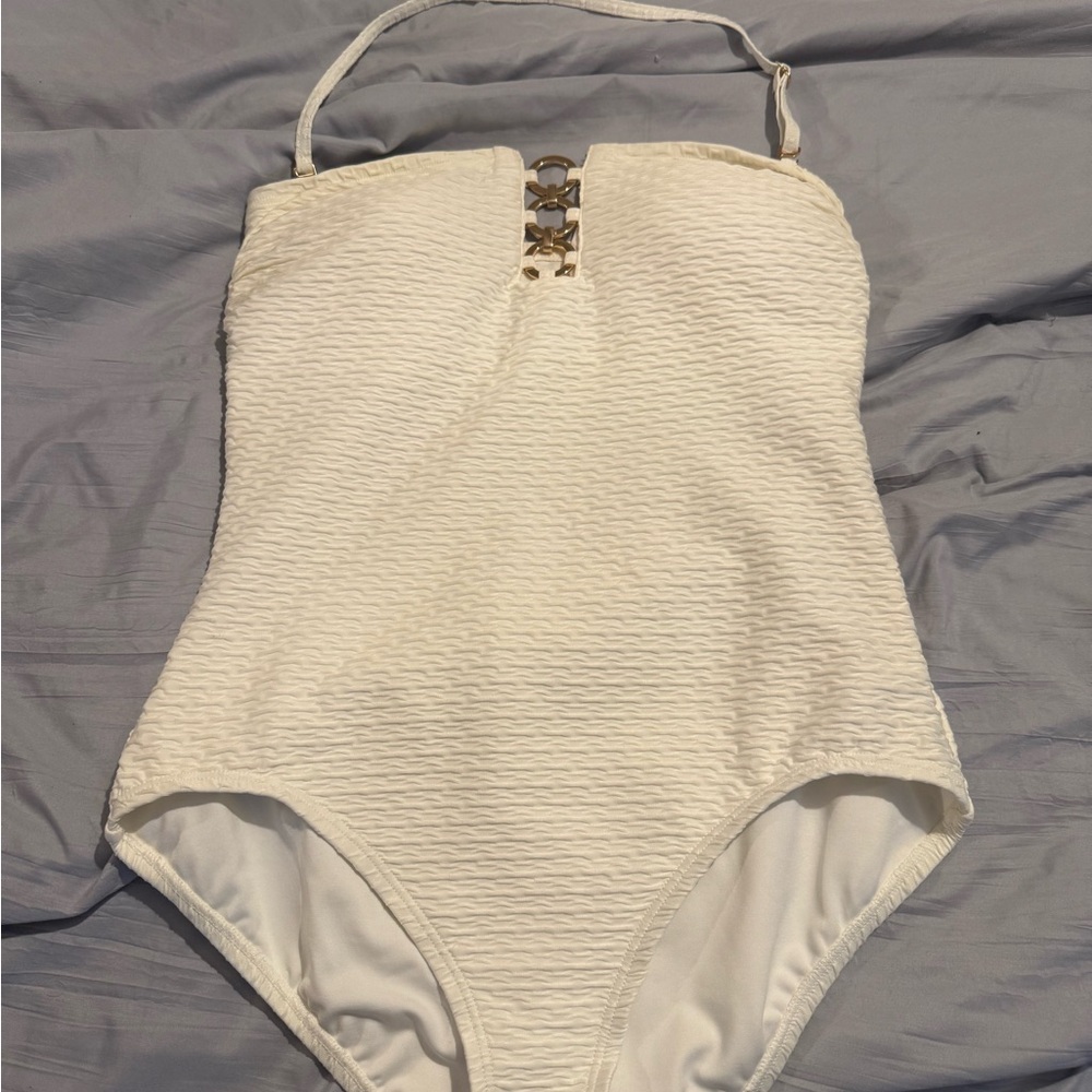 Michael Kors White Ribbed Bodysuit One Piece